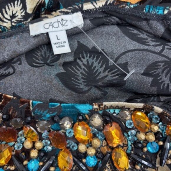Cache Vintage Y2K Jewel Beaded Velvet Burnout Stretch Lightweight Top Size L - Picture 5 of 7
